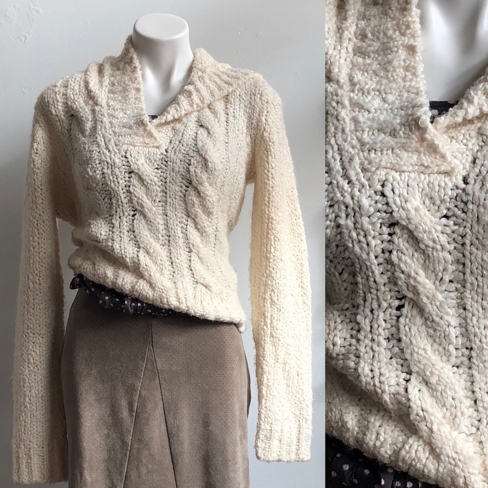 Vintage 90s Cream Cable Knit Hooded Sweater